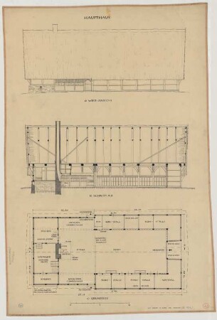 Dumpte bei Borghorst (Kreis Steinfurt): Hof Greiwe. Haupthaus (Grundriss, Westansichtansicht, Längsschnitt).
