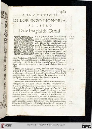 Annotatione di Lorenzo Pignoria, al libro delle imagini del Cartari