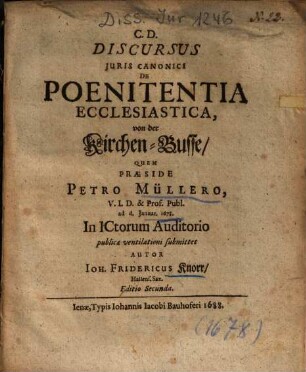 Discursus Juris Canonici De Poenitentia Ecclesiastica : = Von der Kirchen-Busse