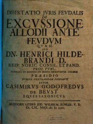 Dissertatio Jvris Fevdalis De Excvssione Allodii Ante Fevdvm