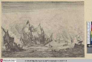 [Seeschlacht mit einem untergehenden englischen Schiff links; Naval Battle with an English Ship Foundering on the Left]