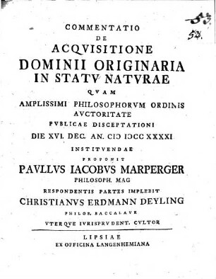Commentatio de acquisitione dominii origenaria in statu naturae