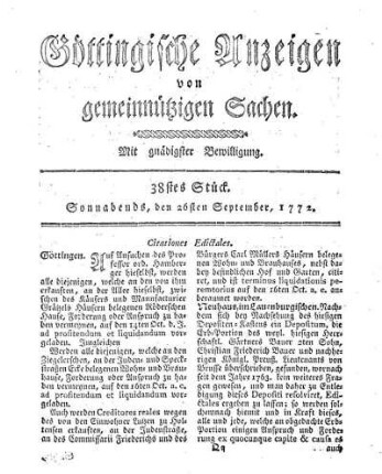 38stes Stück. Sonnabends, den 26sten September, 1772.