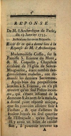 Réflexions sur la reponse de M. L'Archevèque de Paris, du 29. Jan. 1755