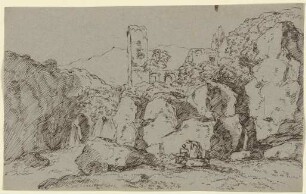 Kirchen- oder Burgruine auf einem Felsen mit Wasserfall