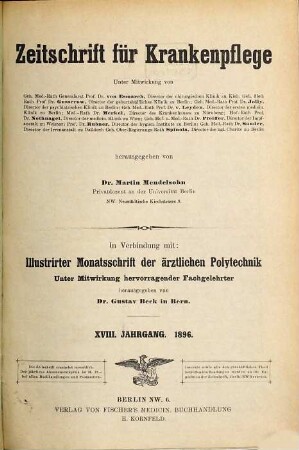Zeitschrift für Krankenpflege. 18. 1896