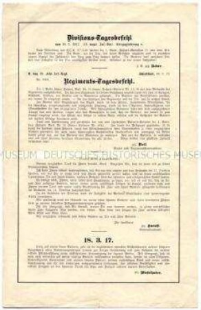 Tagesbefehle für die Königlich-Bayerischen Regimenter für den 19. Februar bis 18. März 1917