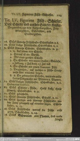 Tit. LV. Figurirte Fisch-Schiefer : Diese Schiefer sind aus den Schiefer-Kupfer-Bergwercken, aus dem Rothenburgischen, Friedeburgischen, Eislebischen, und Stollbergischen