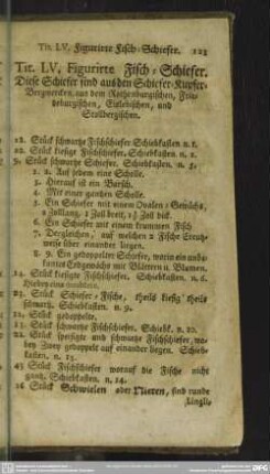 Tit. LV. Figurirte Fisch-Schiefer : Diese Schiefer sind aus den Schiefer-Kupfer-Bergwercken, aus dem Rothenburgischen, Friedeburgischen, Eislebischen, und Stollbergischen