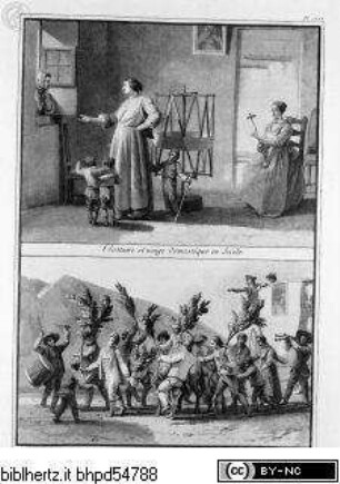 Voyage pittoresque des isles de Sicile, de Malte et de Lipari ..., 3. Band, Tafel CLXX: Costume et usage domestique en Sicile; Bouffonnerie populaire de Castronovo