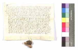 Freitag nach Ostern; Cunz Rentzel, Bürger zu Öhringen (Orengew), bekennt seine Leibeigenschaft; Siegel: Hans von Berlichingen, genannt Marlach.