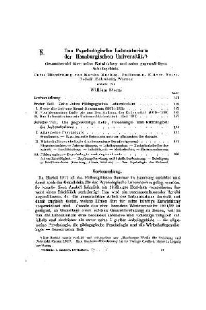 Das Psychologischen Laboratorium der Hamburgischen Universität : Gesamtbericht über seine Entwicklung und seine gegenwärtigen Arbeitsgebiete