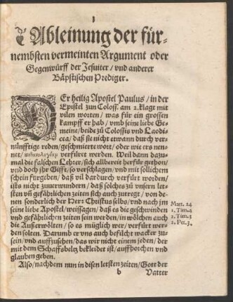 Ableinung der fürnembsten vermeinten Argument oder Gegenwürff der Jesuiter/ und anderer Bäpstischen Prediger.