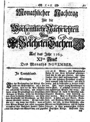 Monathlicher Nachtrag [...] Auf das Jahr 1763. XItes Stuck Des Monaths November