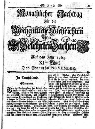Monathlicher Nachtrag [...] Auf das Jahr 1763. XItes Stuck Des Monaths November