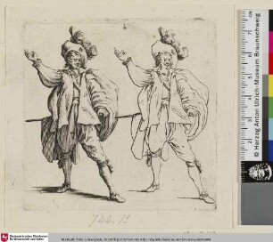 [Zwei Darstellungen eines Soldaten mit Federhut nebeneinander, ausgeführt und als Strichzeichnung; Deux figures...]