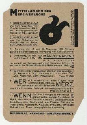 Werbepostkarte "MITTEILUNGEN DES MERZ-VERLAGES ..." von Kurt Schwitters an Hannah Höch. Hannover