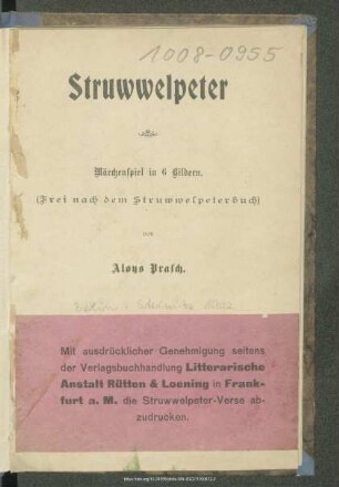 Struwwelpeter : Märchenspiel in 6 Bildern : (Frei nach d. Struwwelpeterbuch)