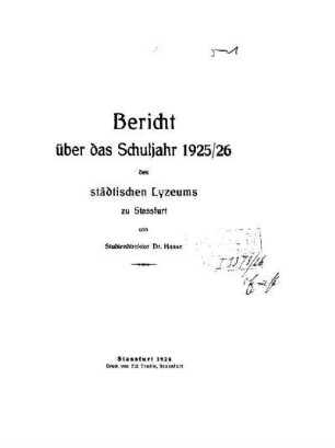1925/26: Bericht über das Schuljahr ... - 1925/26