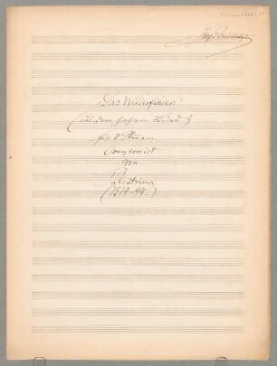 Veni dilecte mi, Arr, Coro, IrmR deest, E-Dur - BSB Mus.ms. 4746-51 : [title page:] "Das Wiederfinden" // (aus dem "hohen Lied") // für 5 Stimmen // componirt // von // Palestrina // (1514-94.)