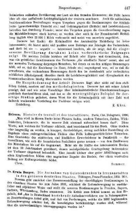 447-448, Erwin Burger, Die Aufnahme von Geisteskranken in Irrenanstalten in den größeren deutschen Staaten, 1905