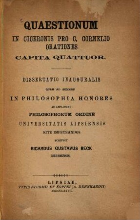 Quaestionum in Ciceronis pro C. Corne-Lio orationes capita quattuor : (Leipziger Doctordiss.)