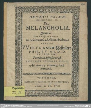 Decadis primae disputatio IV. de melancholia