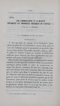 Sur l'homographie et la dualité appliquées aux propriétés métriques de l'espace.