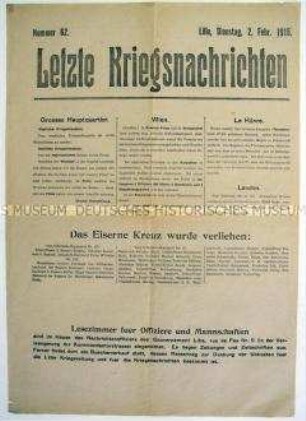 Mitteilungsblatt "Letzte Kriegsnachrichten" mit Kurzmeldungen von verschiedenen Kriegsschauplätzen