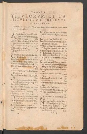 Tabula Titulorum Et Capitulorum Libri Sexti Decretalium.