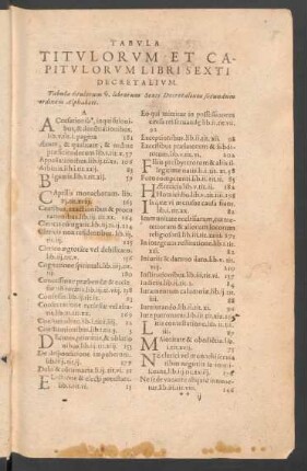 Tabula Titulorum Et Capitulorum Libri Sexti Decretalium.