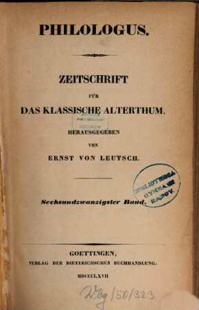 Philologus : Zeitschrift für antike Literatur und ihre Rezeption. 26. 1867