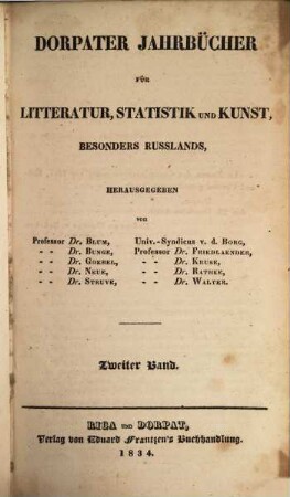 Dorpater Jahrbücher für Litteratur, Statistik und Kunst, besonders Rußlands. 2, 2. 1834