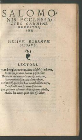 Salomonis Ecclesiastes Carmine Redditus, Per Helium Eobanum Hessum.