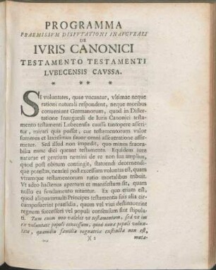 Programma Praemissvm Dispvtationi Inavgvrali De Ivris Canonici Testamento Testamenti Lvbecensis Cavssa.