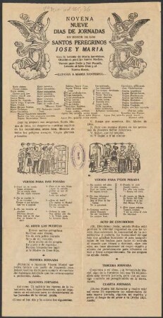 Novena nueve días de jornadas [...] : Letanía á María Santísima ; Versos para dar posada ; Al abrir las puertas ; Versos para pedir posada ; Acto de contrición ; [de] Primera jornada [a] novena jornada ; Despedida de los peregrinos de la posada ; Noche Buena ; Letanía