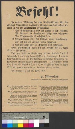 Anordnung zur Lockerung des Belagerungszustandes in der Stadt Braunschweig durch General Maercker