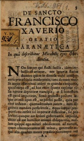 De Sancto Francisco Xaverio Oratio Paranaetica : In qua describitur Mirabilis eius Obedientia