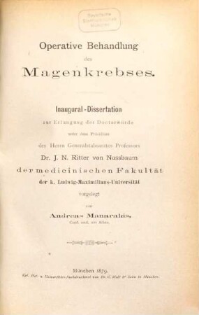 Operative Behandlung des Magenkrebses : Inaug. Diss.
