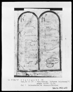 Psalterium — Kalenderseite mit arkadenähnlicher Rahmung, Folio 1recto
