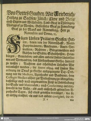 Von Gottes Gnaden Wir Friederich, Hertzog zu Sachsen ...