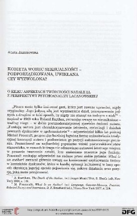 8: Kobieta wobec seksualności - podporządkowana, uwikłana czy wyzwolona? : o kilku aspektach twórczości Natalii LL z perspektywy psychoanalizy Lacanowskiej