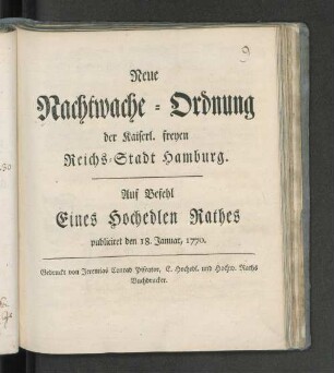 Neue Nachtwache-Ordnung der Kaiserl. freyen Reichs-Stadt Hamburg