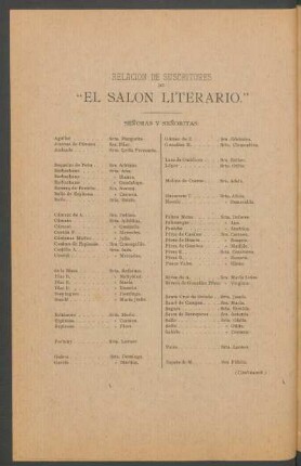 Relación de suscritores de "El Salón Literario".