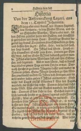 Historia Von der Auferweckung Lazari, aus dem 11. Capitel Johannis