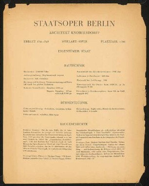 Satzspiegelvariante für das Handbuch "Das Deutsche Theater" Staatsoper, Berlin: Daten zu Baugeschichte und Bühnentechnik, mehrseitiges Dokument