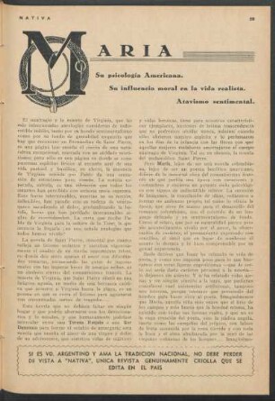 María : Su psicología Americana. Su influencia moral en la vida realista. Atavismo sentimental.