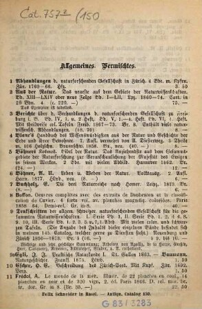 Antiquarisches Verzeichniß von Felix Schneider in Basel. 150. [ca. 1880]
