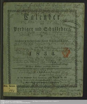 1834: Calender für Prediger und Schullehrer : zur leichtern Übersicht ihrer Amtsgeschäfte; auf das Jahr ...