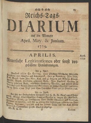 Reichs-Tags-Diarium auf die Monate April. May. & Junium. 1779.
